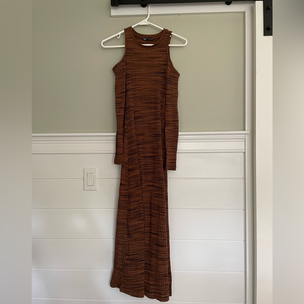 zara cold shoulder black and orange maxi dress